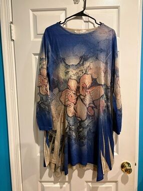 Simple Couture artsy long sleeve tunic top floral sz L blue new NWT